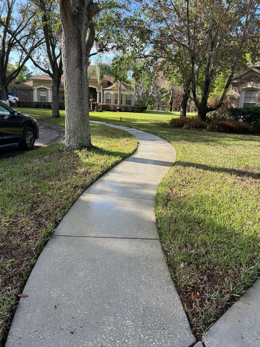 Freshly cleaned walkway in front of a home